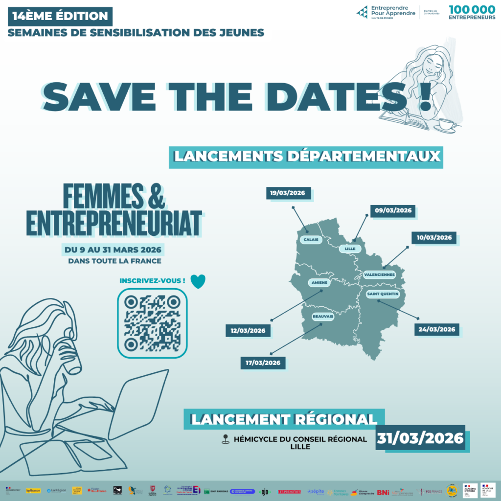 Affiche “Save the Dates” - 14ᵉ édition des Semaines de sensibilisation des jeunes : Femmes & Entrepreneuriat, du 9 au 31 mars 2026 en Hauts-de-France, avec dates des lancements départementaux et régional.
